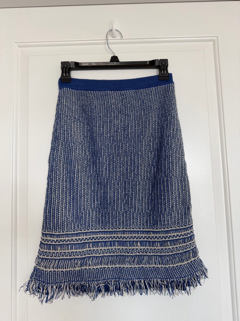 Retired Tory Burch Brielle Crochet Fringe Knit Skirt XS Statement Blue Cream